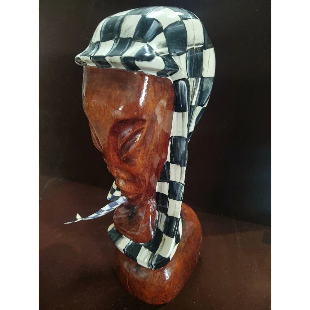 MY OWN HP Whimsical African Bust Sculpture Black & White Checkerboard Check